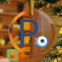 Load image into Gallery viewer, Greek Monogram Glass Ornament: Ρ-Rho Blue Letter With Mati Design
