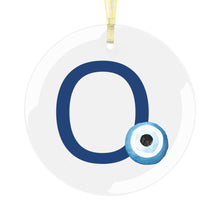Load image into Gallery viewer, Greek Monogram Glass Ornament: Ο-Omicron Blue Letter With Mati Design