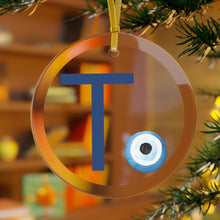 Load image into Gallery viewer, Greek Monogram Glass Ornament: T-Tau Blue Letter With Mati Design