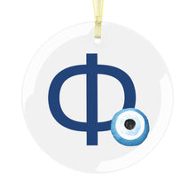 Load image into Gallery viewer, Greek Monogram Glass Ornament: Φ-Phi Blue Letter With Mati Design