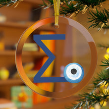 Load image into Gallery viewer, Greek Monogram Glass Ornament: Σ-Sigma Blue Letter With Mati Design