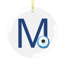 Load image into Gallery viewer, Greek Monogram Glass Ornament: Μ-Mu Blue Letter With Mati Design