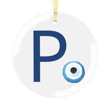 Load image into Gallery viewer, Greek Monogram Glass Ornament: Ρ-Rho Blue Letter With Mati Design