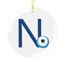 Load image into Gallery viewer, Greek Monogram Glass Ornament: Ν-Nu Blue Letter With Mati Design