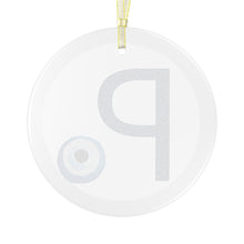 Load image into Gallery viewer, Greek Monogram Glass Ornament: Ρ-Rho Blue Letter With Mati Design