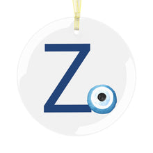 Load image into Gallery viewer, Greek Monogram Glass Ornament: Ζ-Zeta Blue Letter With Mati Design