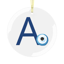 Load image into Gallery viewer, Greek Monogram Glass Ornament: A-Alpha Blue Letter With Mati Design
