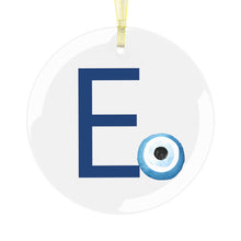 Load image into Gallery viewer, Greek Monogram Glass Ornament: Ε-Epsilon Blue Letter With Mati Design