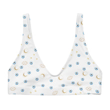 Load image into Gallery viewer, Padded Bikini Top: Mini Watercolor Mati with Gold Eye and Gold Moon Pattern
