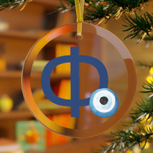 Load image into Gallery viewer, Greek Monogram Glass Ornament: Φ-Phi Blue Letter With Mati Design