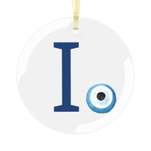 Load image into Gallery viewer, Greek Monogram Glass Ornament: Ι-Iota Blue Letter With Mati Design