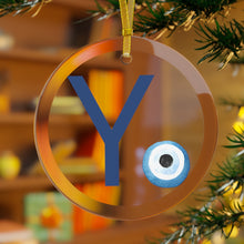 Load image into Gallery viewer, Greek Monogram Glass Ornament: Υ-Upsilon Blue Letter With Mati Design