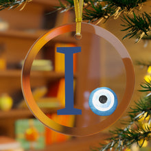 Load image into Gallery viewer, Greek Monogram Glass Ornament: Ι-Iota Blue Letter With Mati Design
