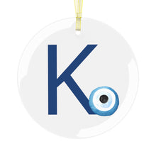 Load image into Gallery viewer, Greek Monogram Glass Ornament: Κ-Kappa Blue Letter With Mati Design