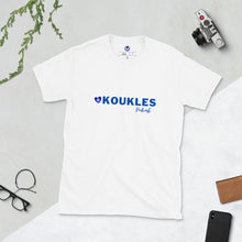 Load image into Gallery viewer, Short-Sleeve Unisex T-Shirt: Koukles Podcast Logo with Filakia on Back