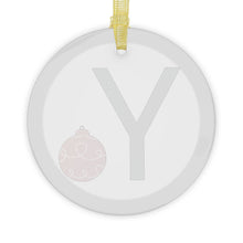 Load image into Gallery viewer, Greek Monogram Glass Ornament: Υ-Upsilon Green Letter With Red Ornament Design
