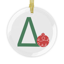 Load image into Gallery viewer, Greek Monogram Glass Ornament: Δ-Delta Green Letter With Red Ornament Design
