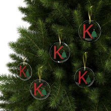 Load image into Gallery viewer, Greek Monogram Glass Ornament: K-Kappa Red Letter With Green Christmas Tree Design
