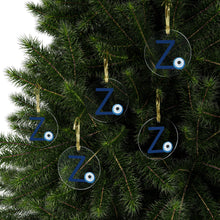 Load image into Gallery viewer, Greek Monogram Acrylic Ornament: Z-Zeta Blue Letter with Watercolor Mati Design
