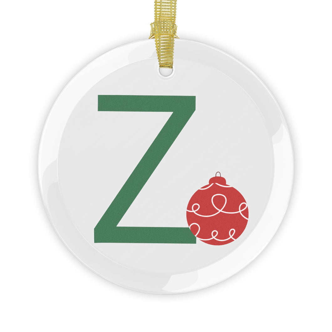 Greek Monogram Glass Ornament: Z-Zeta Green Letter With Red Ornament Design