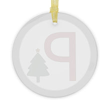Load image into Gallery viewer, Greek Monogram Glass Ornament: P-Rho Red Letter With Green Christmas Tree Design
