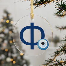 Load image into Gallery viewer, Greek Monogram Acrylic Ornament: Φ-Phi Blue Letter with Watercolor Mati Design
