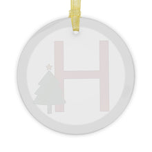 Load image into Gallery viewer, Greek Monogram Glass Ornament: H-Eta Red Letter With Green Christmas Tree Design
