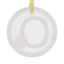 Load image into Gallery viewer, Greek Monogram Glass Ornament: O-Omicron Green Letter With Red Ornament Design
