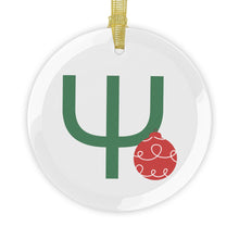 Load image into Gallery viewer, Greek Monogram Glass Ornament: Ψ-Psi Green Letter With Red Ornament Design

