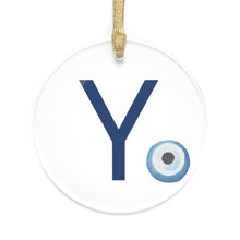 Load image into Gallery viewer, Greek Monogram Acrylic Ornament: Υ-Upsilon Blue Letter with Watercolor Mati Design
