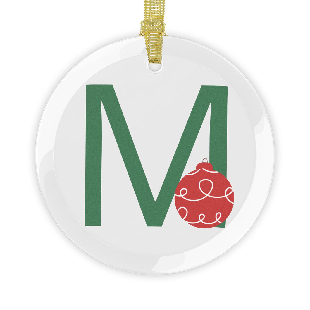 Greek Monogram Glass Ornament: Μ-Mu Green Letter With Red Ornament Design