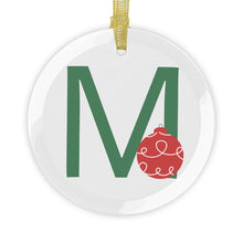 Load image into Gallery viewer, Greek Monogram Glass Ornament: Μ-Mu Green Letter With Red Ornament Design
