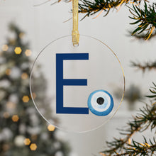 Load image into Gallery viewer, Greek Monogram Acrylic Ornament: E-Epsilon  Blue Letter with Watercolor Mati Design
