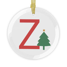 Load image into Gallery viewer, Greek Monogram Glass Ornament: Z-Zeta Red Letter With Green Christmas Tree Design
