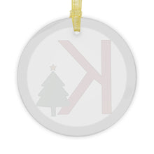 Load image into Gallery viewer, Greek Monogram Glass Ornament: K-Kappa Red Letter With Green Christmas Tree Design
