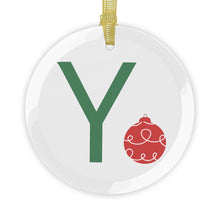 Load image into Gallery viewer, Greek Monogram Glass Ornament: Υ-Upsilon Green Letter With Red Ornament Design

