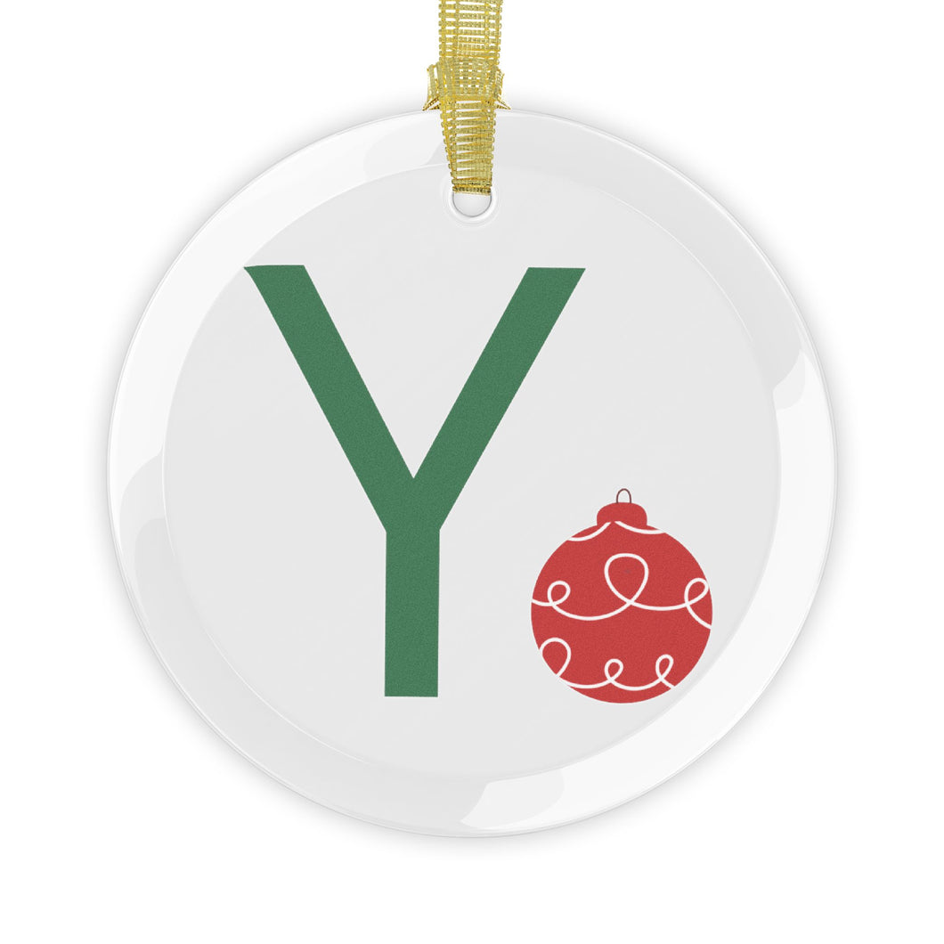 Greek Monogram Glass Ornament: Υ-Upsilon Green Letter With Red Ornament Design