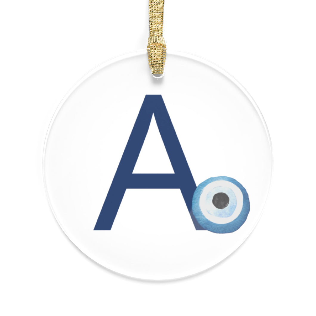 Greek Monogram Acrylic Ornament: A-Alpha Blue Letter with Watercolor Mati Design