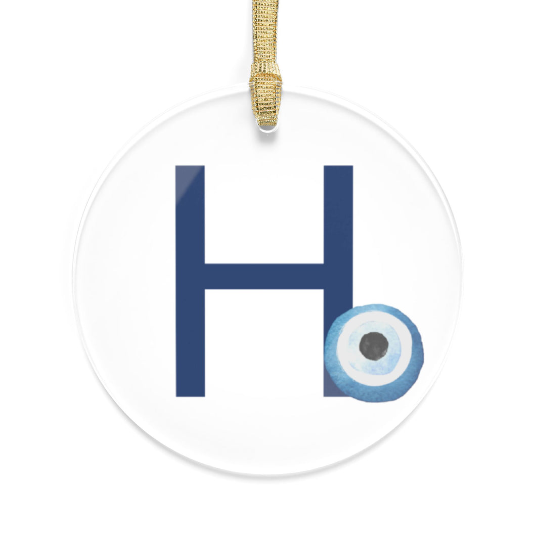 Greek Monogram Acrylic Ornament: Η-Eta Blue Letter with Watercolor Mati Design