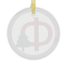 Load image into Gallery viewer, Greek Monogram Glass Ornament: Φ-Phi Red Letter With Green Christmas Tree Design
