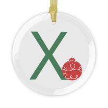 Load image into Gallery viewer, Greek Monogram Glass Ornament: Χ-Chi Green Letter With Red Ornament Design
