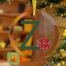 Load image into Gallery viewer, Greek Monogram Glass Ornament: Z-Zeta Green Letter With Red Ornament Design
