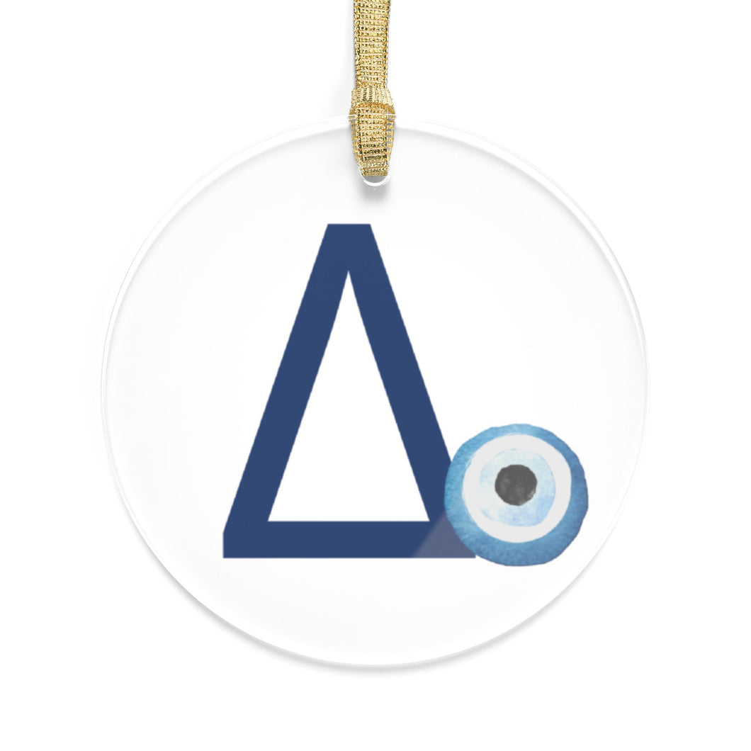 Greek Monogram Acrylic Ornament: Δ-Delta Blue Letter with Watercolor Mati Design