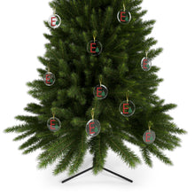 Load image into Gallery viewer, Greek Monogram Glass Ornament: Ε-Epsilon Red Letter With Green Christmas Tree Design
