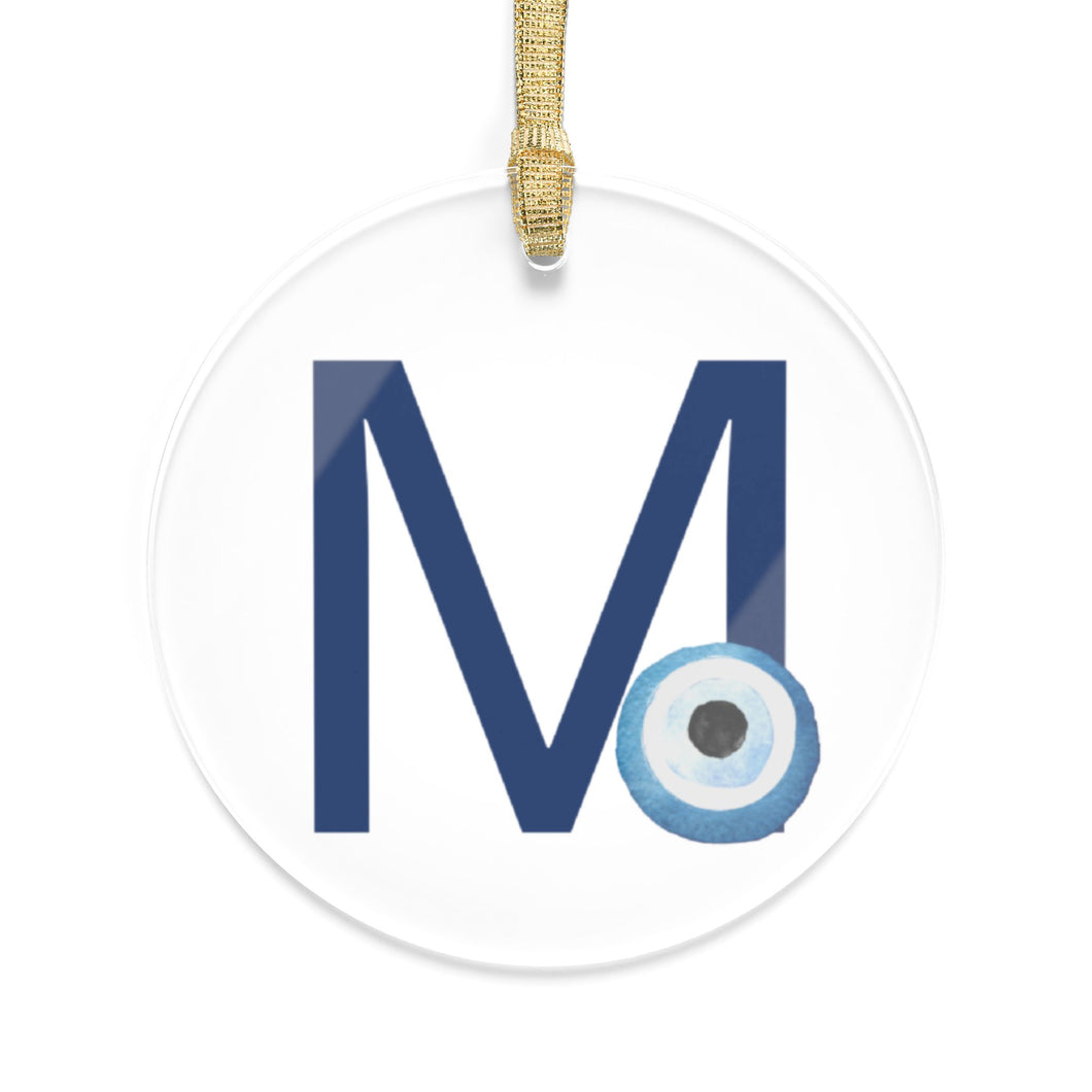 Greek Monogram Acrylic Ornament: M-Mu Blue Letter with Watercolor Mati Design