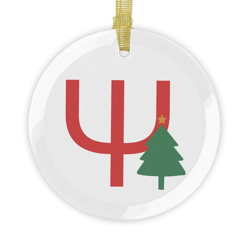Greek Monogram Glass Ornament: Ψ-Psi Red Letter With Green Christmas Tree Design