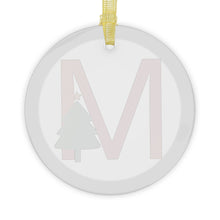 Load image into Gallery viewer, Greek Monogram Glass Ornament: M-Mu Red Letter With Green Christmas Tree Design
