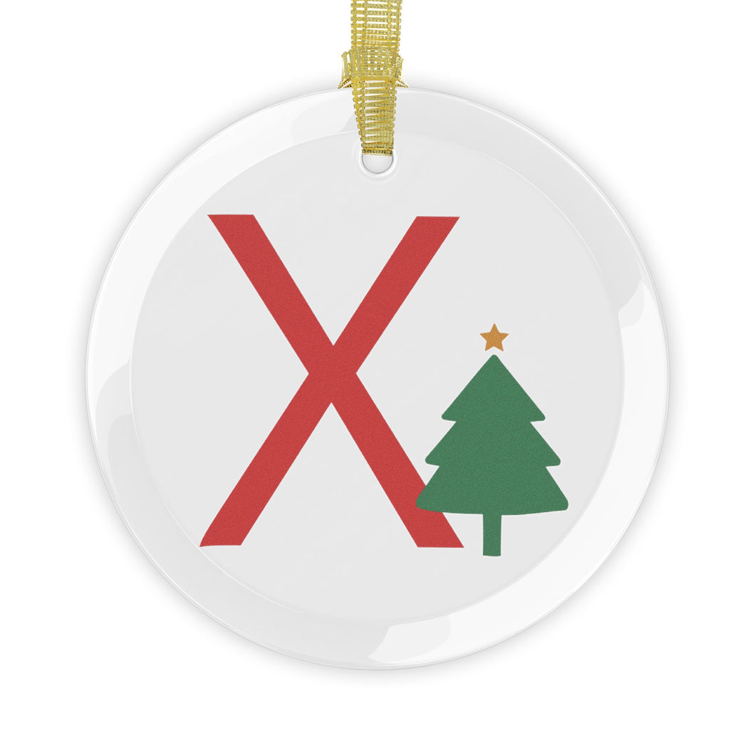 Greek Monogram Glass Ornament: Χ-Chi Red Letter With Green Christmas Tree Design