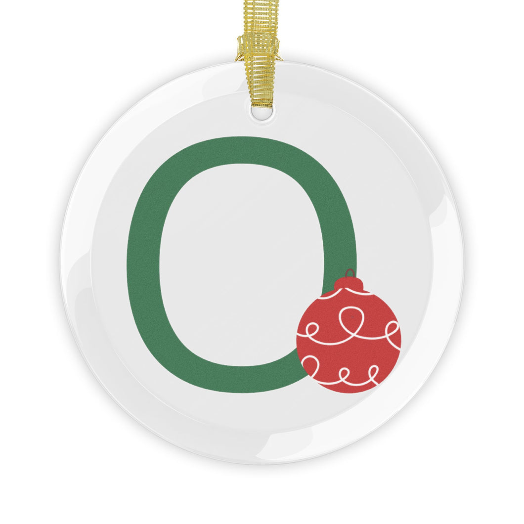 Greek Monogram Glass Ornament: O-Omicron Green Letter With Red Ornament Design