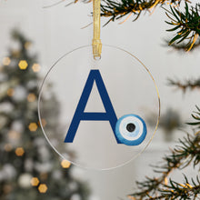 Load image into Gallery viewer, Greek Monogram Acrylic Ornament: A-Alpha Blue Letter with Watercolor Mati Design
